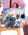 Personalized 2-pet tote bag with dogs in football uniforms.