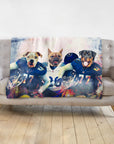 Personalized 3-pet blanket with dogs in blue and white football uniforms.