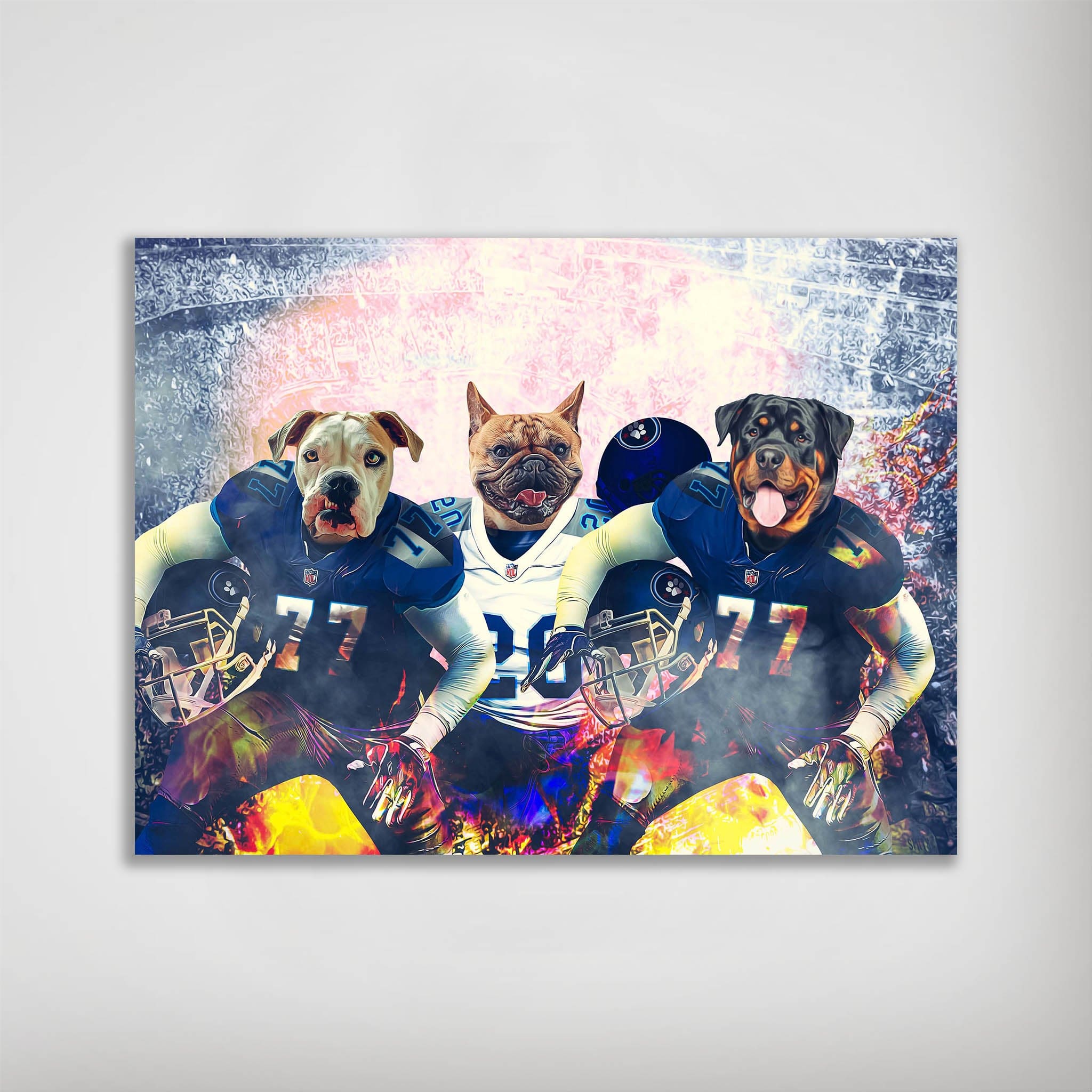 Personalized 3-pet poster featuring a bulldog, French bulldog, and Rottweiler in blue football uniforms.