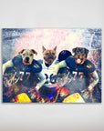 Personalized 3-pet poster featuring a bulldog, French bulldog, and Rottweiler in blue football uniforms.