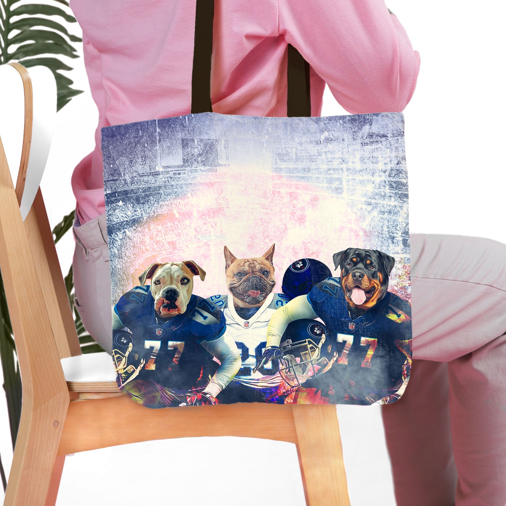 Personalized 3-pet dog portrait tote bag with dogs in football uniforms.