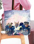 Personalized 3-pet dog portrait tote bag with dogs in football uniforms.
