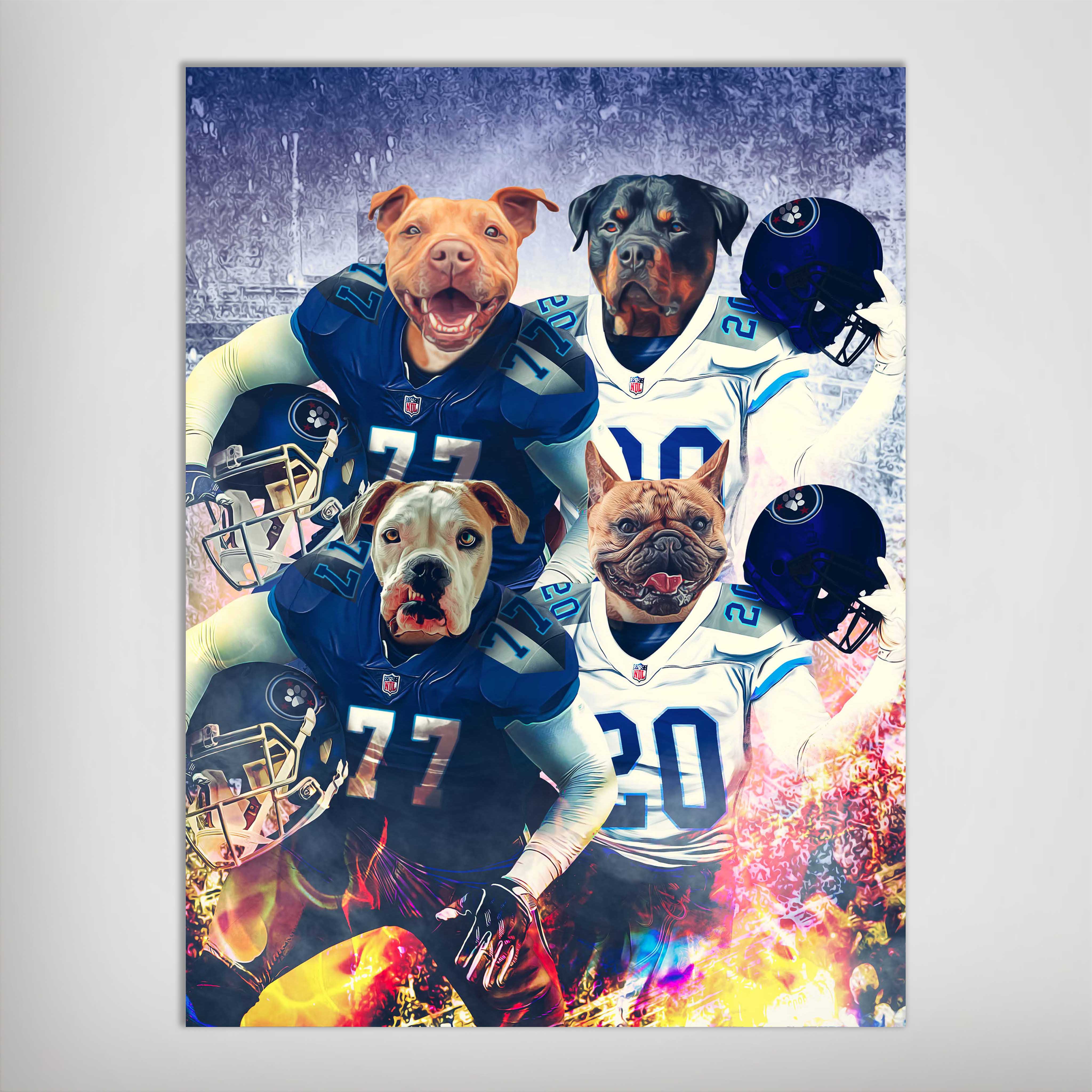 Personalized 4-pet poster featuring dogs in blue and white football uniforms with helmets.