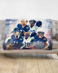 Personalized blanket with five dogs dressed as football players in blue and white uniforms.