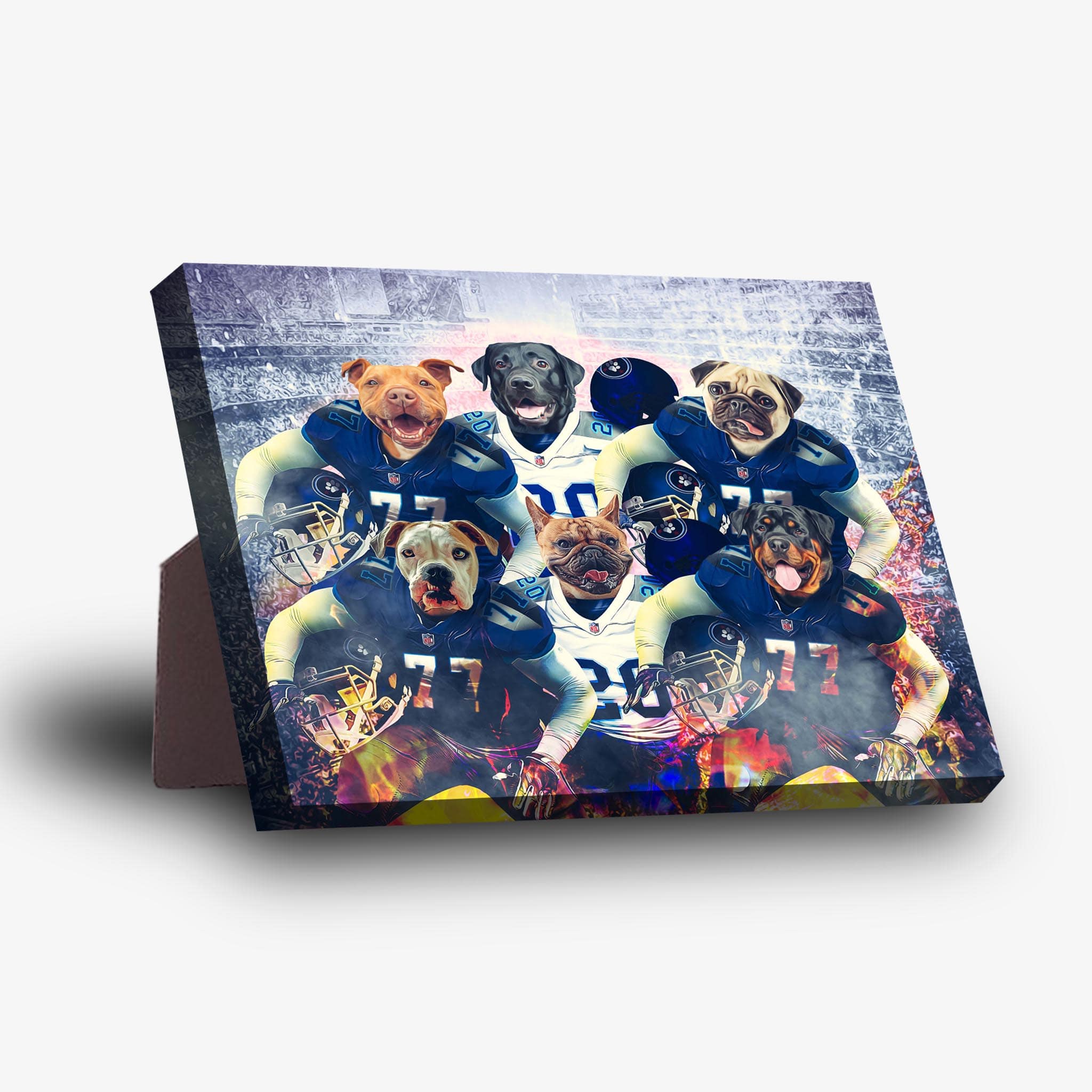 Personalized 5-pet standing canvas featuring dogs in blue and white football uniforms.