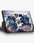 Personalized 5-pet standing canvas featuring dogs in blue and white football uniforms.