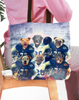 Personalized 6 pet tote bag featuring dogs in football uniforms on a stadium background.