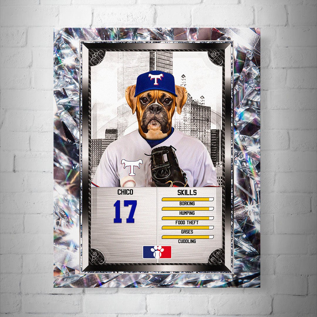 Personalized 8x10" matte baseball trading card poster featuring a boxer dog in a Texas Rangers uniform.