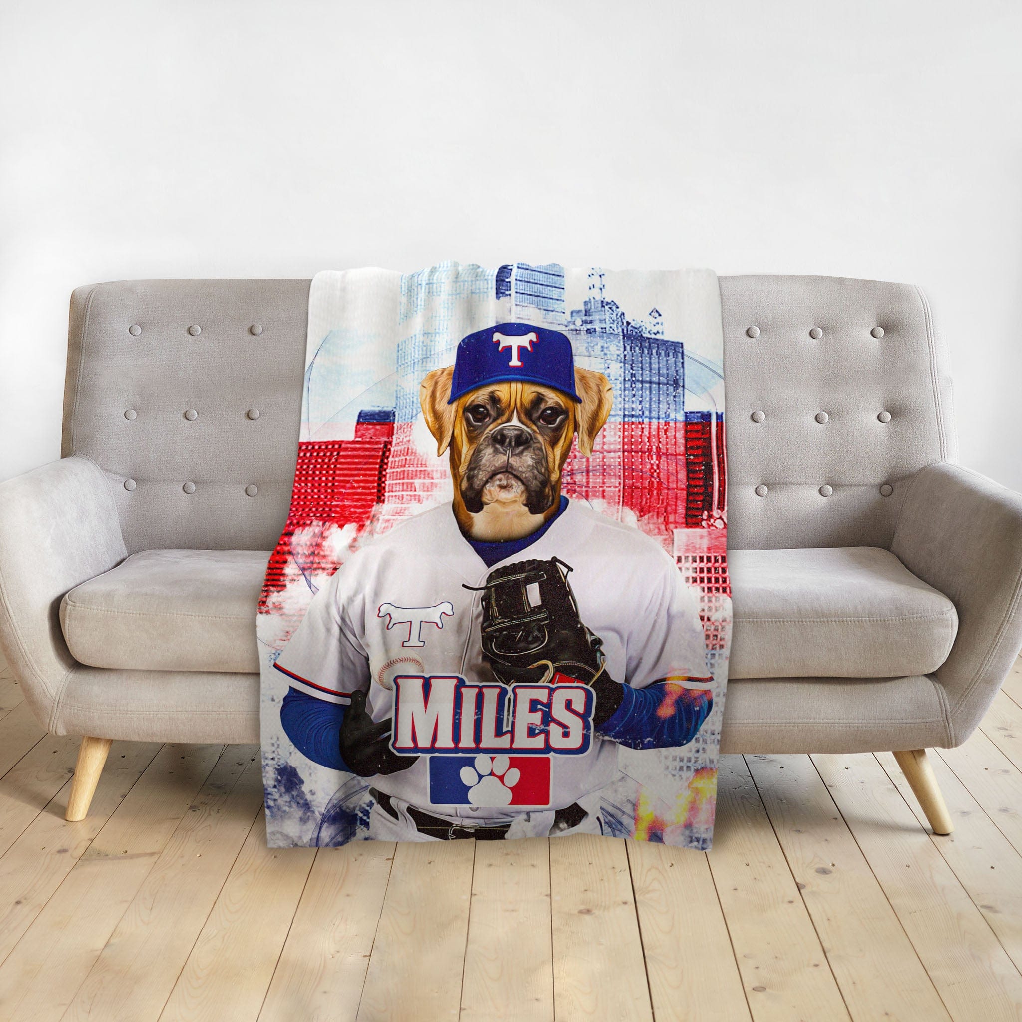 Personalized pet blanket featuring a boxer dog in a baseball uniform with "MILES" and a city skyline.