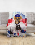 Personalized pet blanket featuring a boxer dog in a baseball uniform with "MILES" and a city skyline.