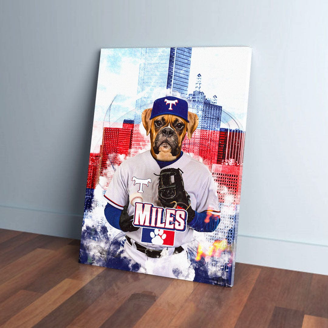 Personalized Texpaws Rangers pet canvas featuring a boxer dog in a baseball uniform with a city skyline.