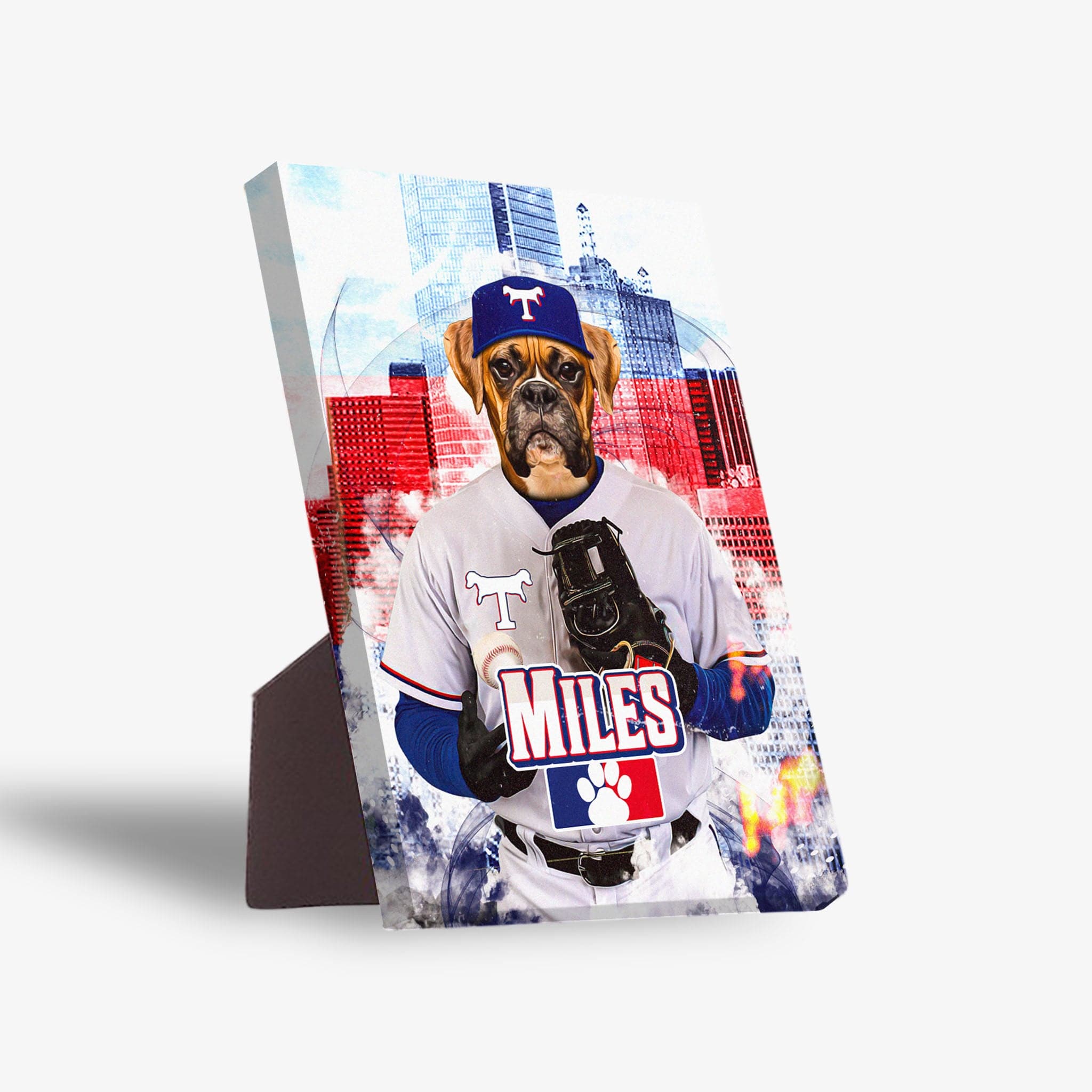 Personalized pet standing canvas featuring a boxer dog in a Texpaws Rangers baseball uniform against a city skyline.