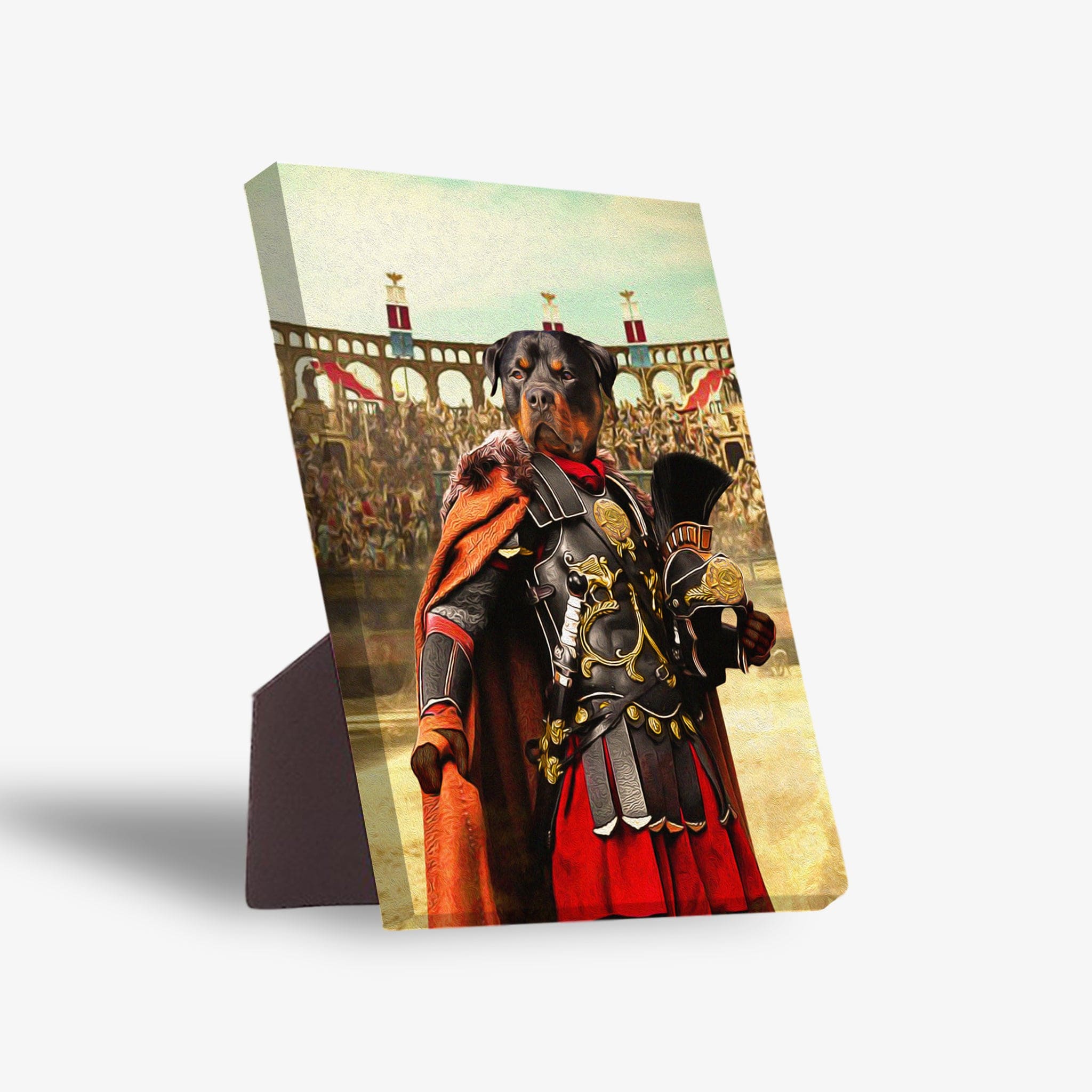 Personalized pet standing canvas featuring a Rottweiler in Gladiator armor with a red cape, set in an arena.