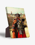 Personalized pet standing canvas featuring a Rottweiler in Gladiator armor with a red cape, set in an arena.