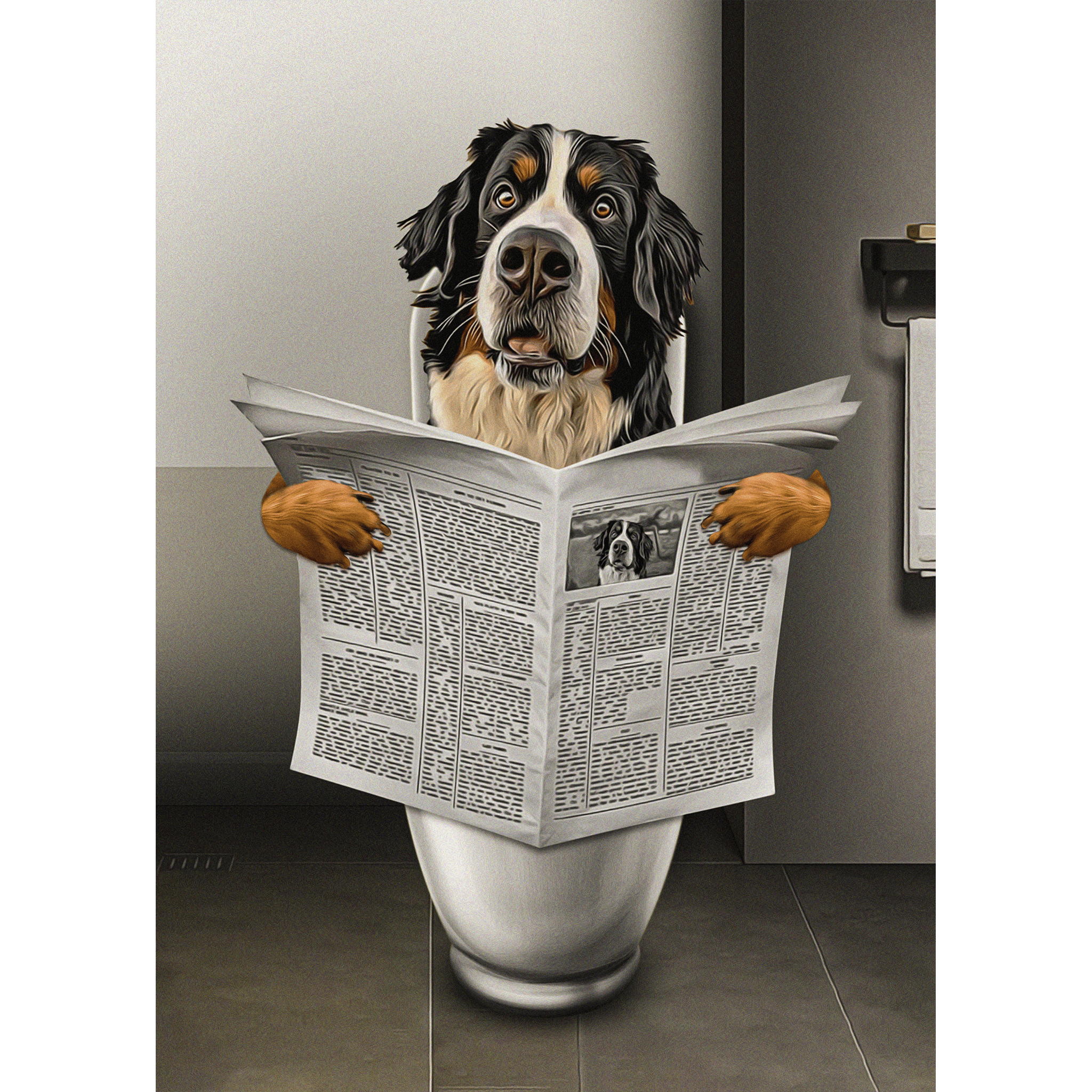 Custom digital portrait of a Bernese Mountain Dog on a toilet reading a newspaper.
