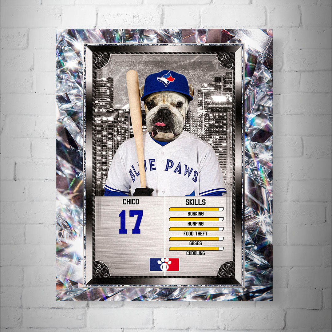 Personalized 8x10" Toronto Blue Paws pet baseball trading card poster featuring a bulldog in a uniform.