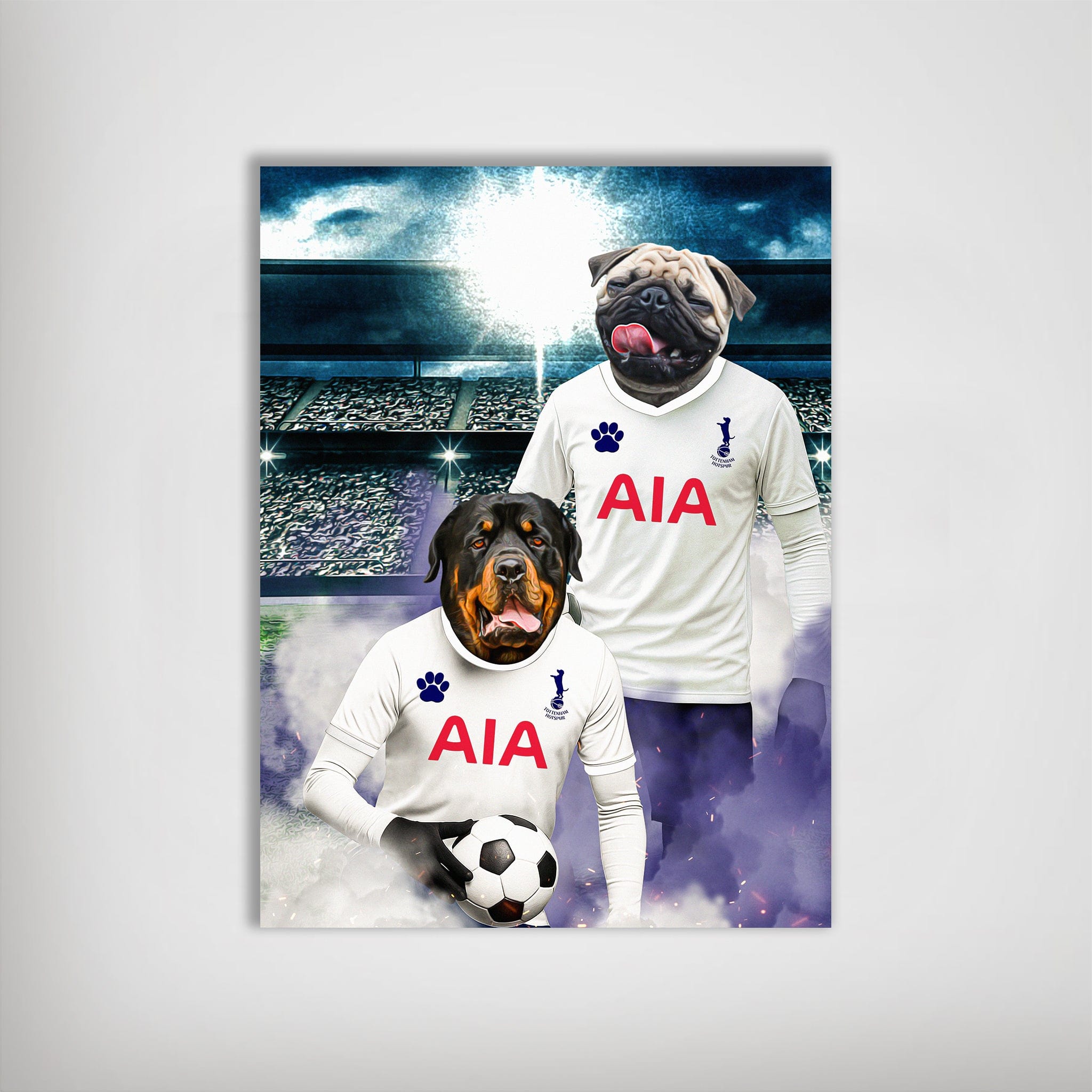 Personalized 'Tottenham Doggos Football' poster featuring a pug and rottweiler in white jerseys with a stadium background.