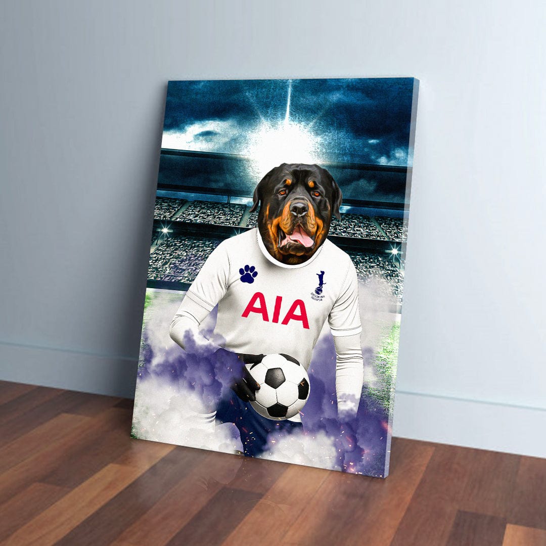 Personalized Rottweiler pet canvas in a white Tottenham football kit holding a soccer ball on a pitch.
