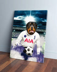 Personalized Rottweiler pet canvas in a white Tottenham football kit holding a soccer ball on a pitch.