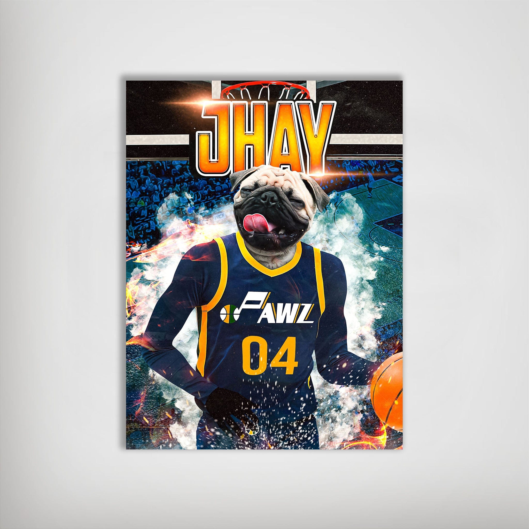 Personalized 'Utah Pawz' basketball poster featuring a pug in a navy and yellow jersey, dribbling.