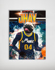 Personalized 'Utah Pawz' basketball poster featuring a pug in a navy and yellow jersey, dribbling.