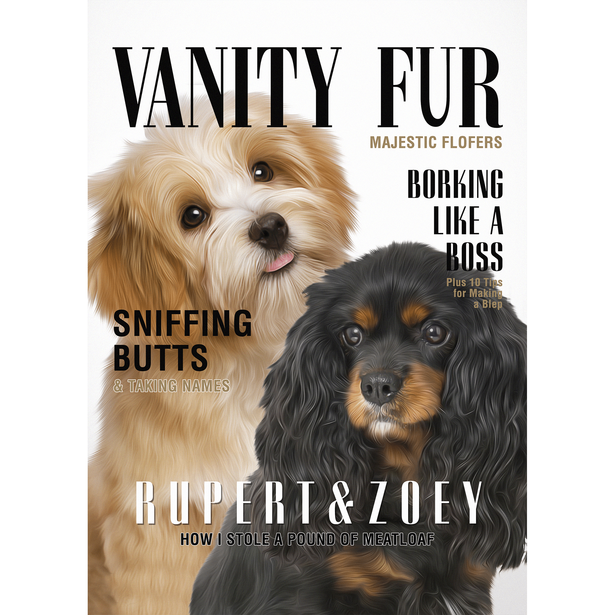 Custom digital portrait of two dogs on a 'Vanity Fur' magazine cover.