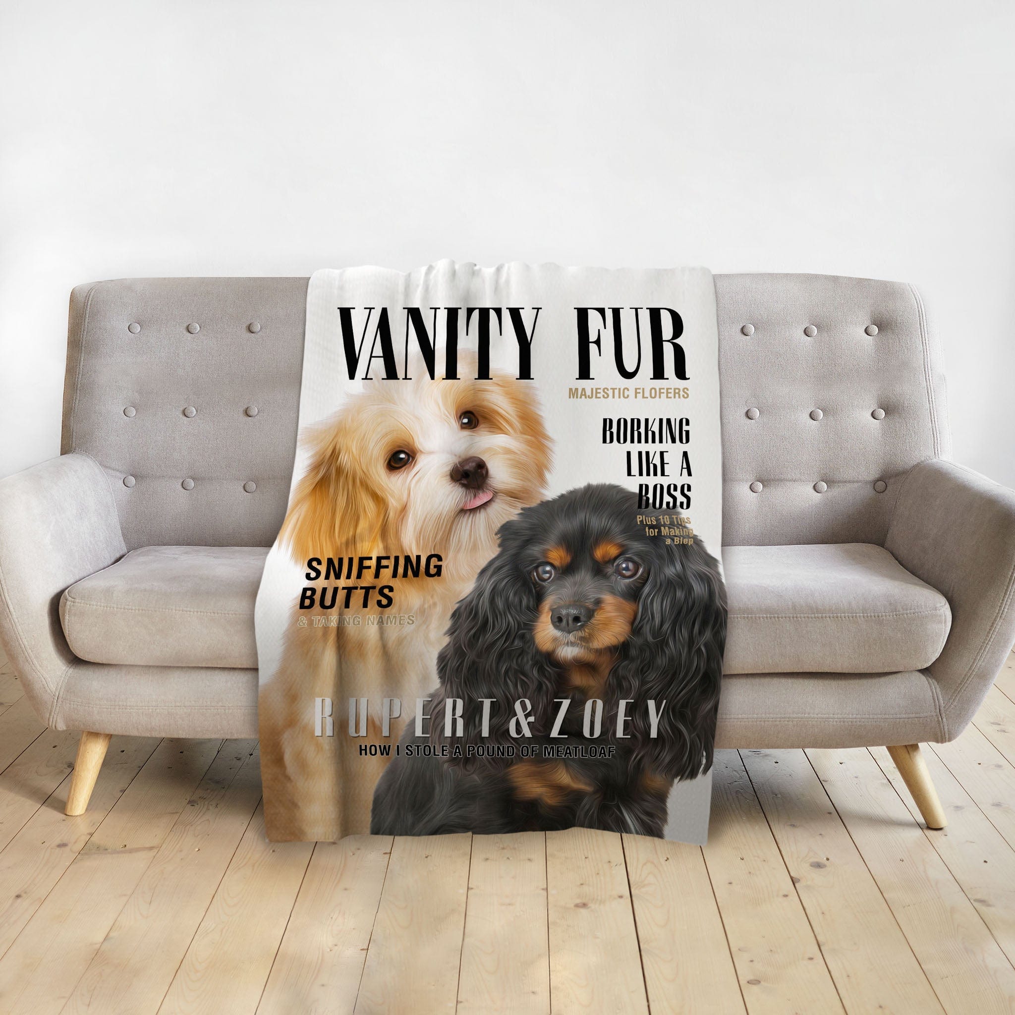 Personalized white minky blanket featuring two dogs in a "Vanity Fur" magazine cover portrait style.