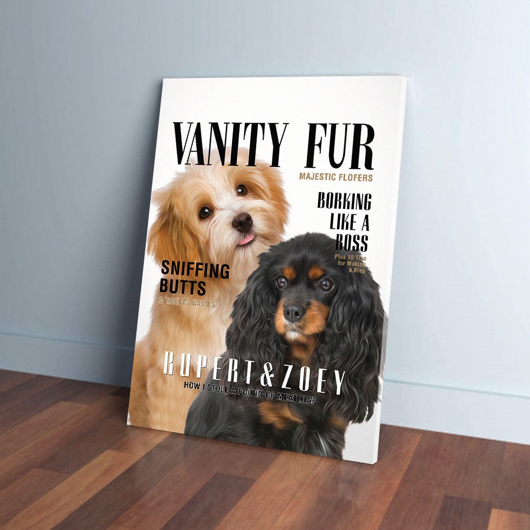 Personalized "Vanity Fur" canvas featuring a light brown and a black dog on a magazine cover design.