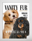 Personalized "Vanity Fur" poster featuring two custom pet portraits, a light brown dog and a black and tan dog, on a magazine cover design.