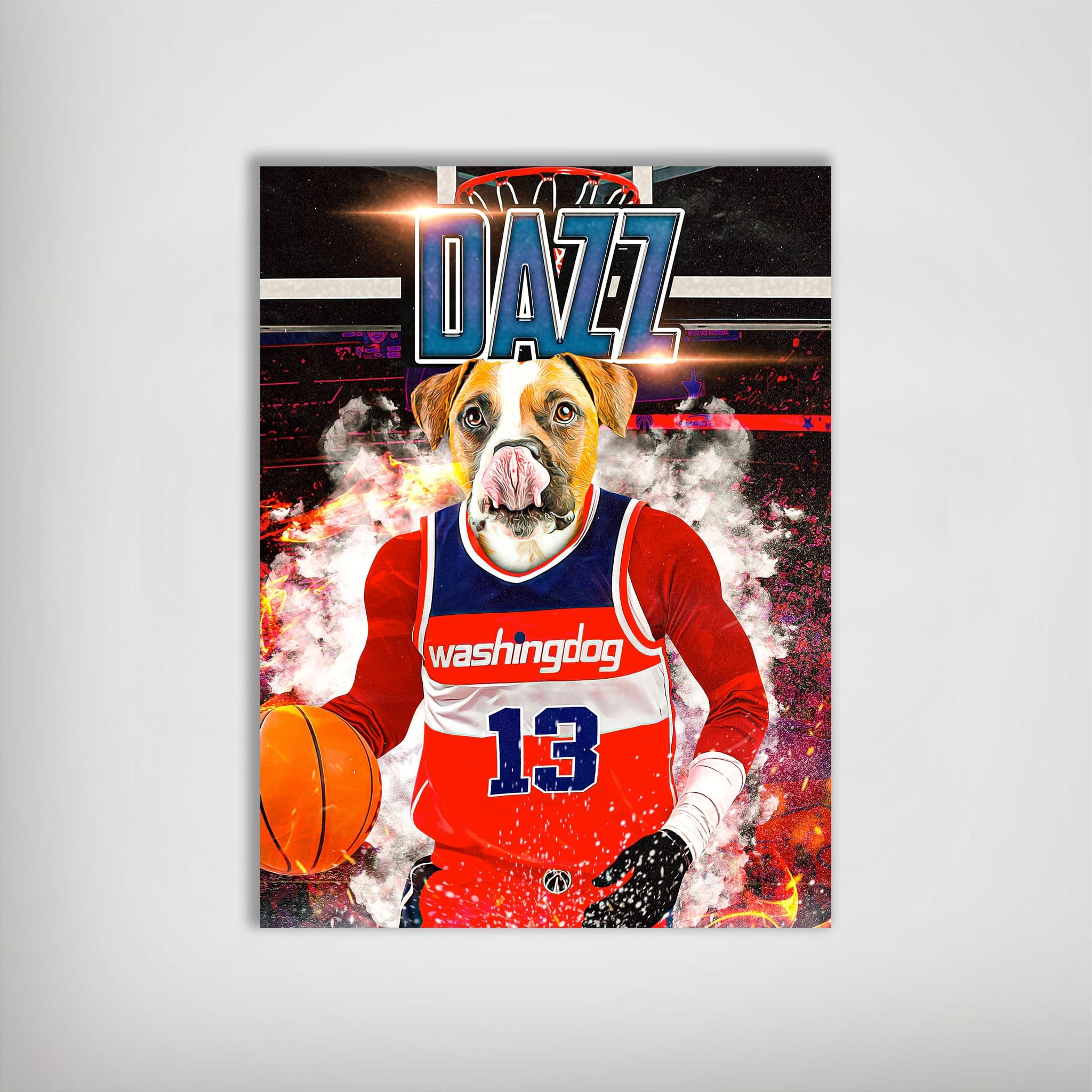 Personalized 'Washingdog Wizards' basketball poster featuring a dog's head on a player's body.