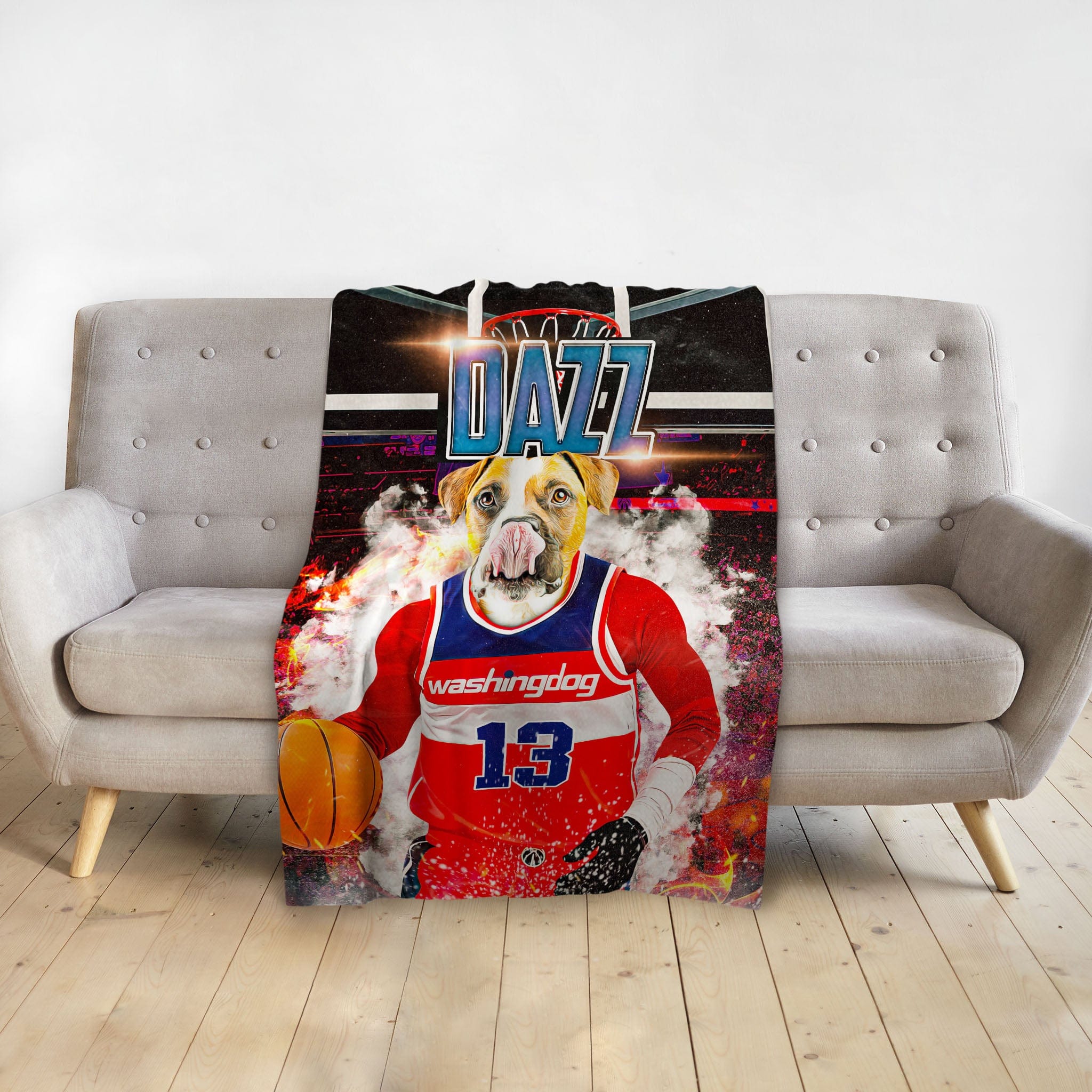 Personalized pet blanket with a Doggovinci portrait of a bulldog in a basketball jersey.