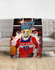 Personalized pet blanket with a Doggovinci portrait of a bulldog in a basketball jersey.