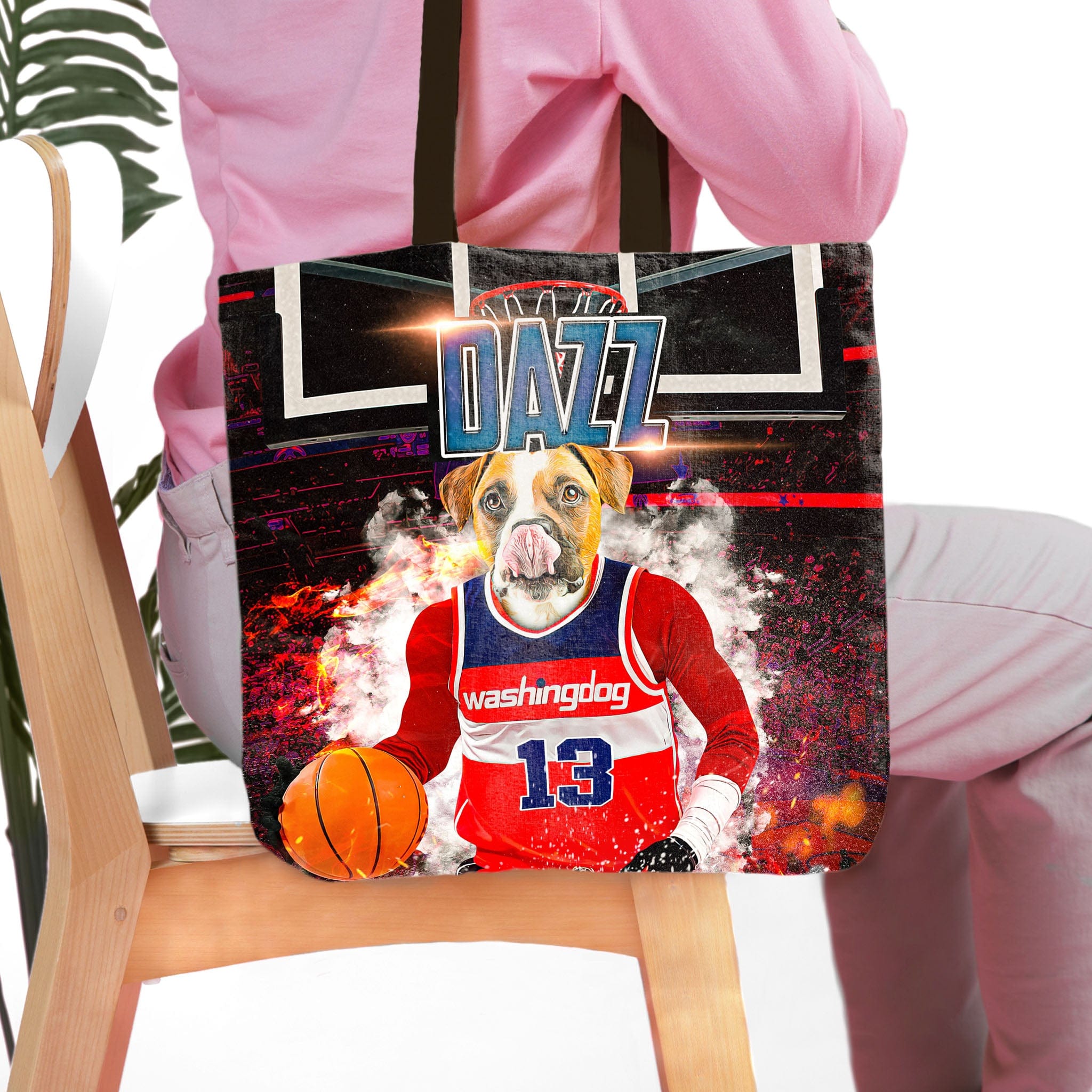 Personalized pet portrait tote bag featuring a dog in a basketball jersey holding a ball.