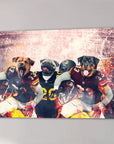 Personalized canvas featuring three pets as football players in team jerseys, with a stadium background.