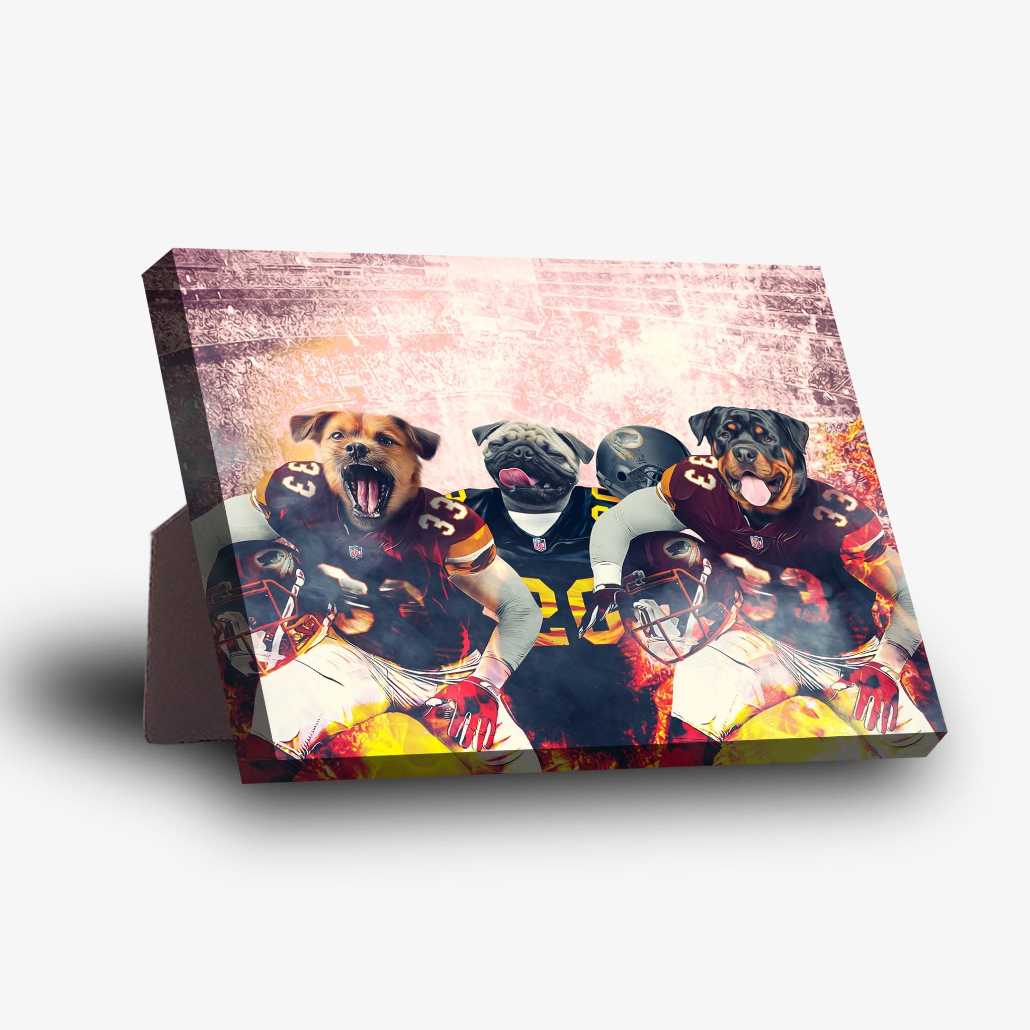 Personalized 3-pet standing canvas featuring dogs in football uniforms on a fiery field.
