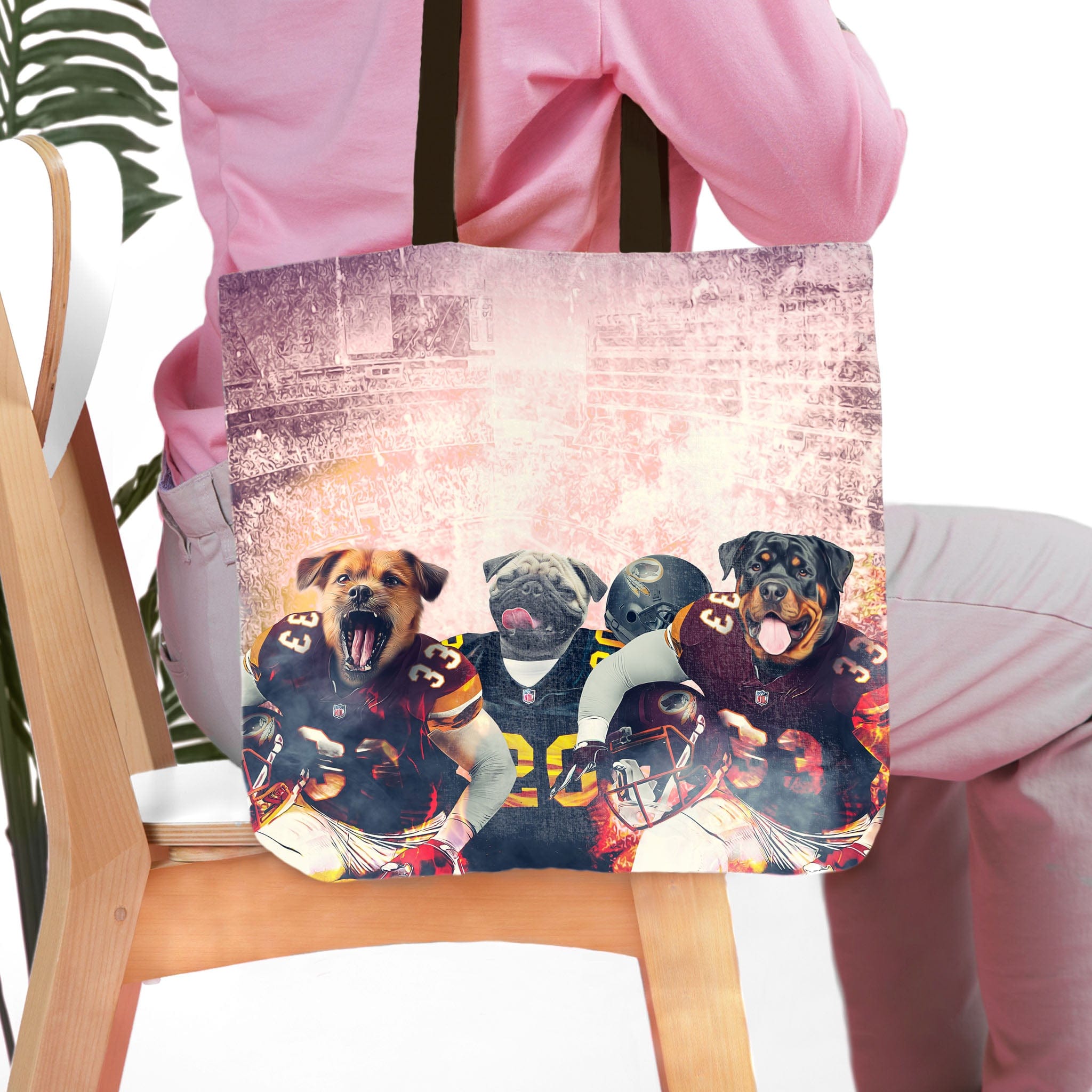 Personalized 3-pet dog portrait tote bag with pets in football uniforms.