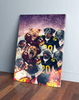 Personalized 4-pet canvas featuring dogs in football jerseys, with a fiery, grunge background.