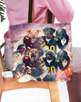 Personalized 4-pet tote bag featuring dogs in football uniforms.
