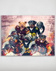 Personalized 'Washington Doggos' poster featuring five pets as football players in maroon and gold uniforms.