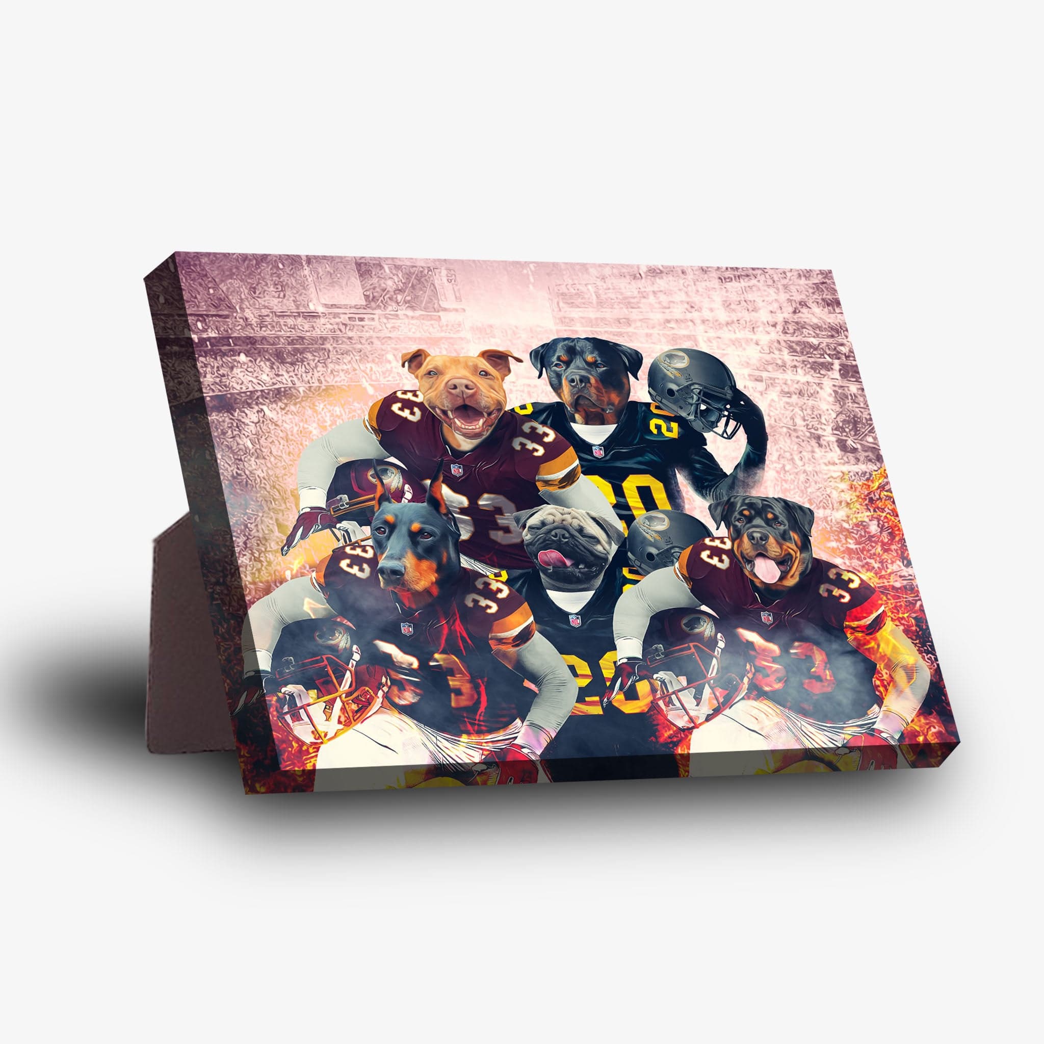 Personalized 5-pet standing canvas featuring dogs in Washington football jerseys.