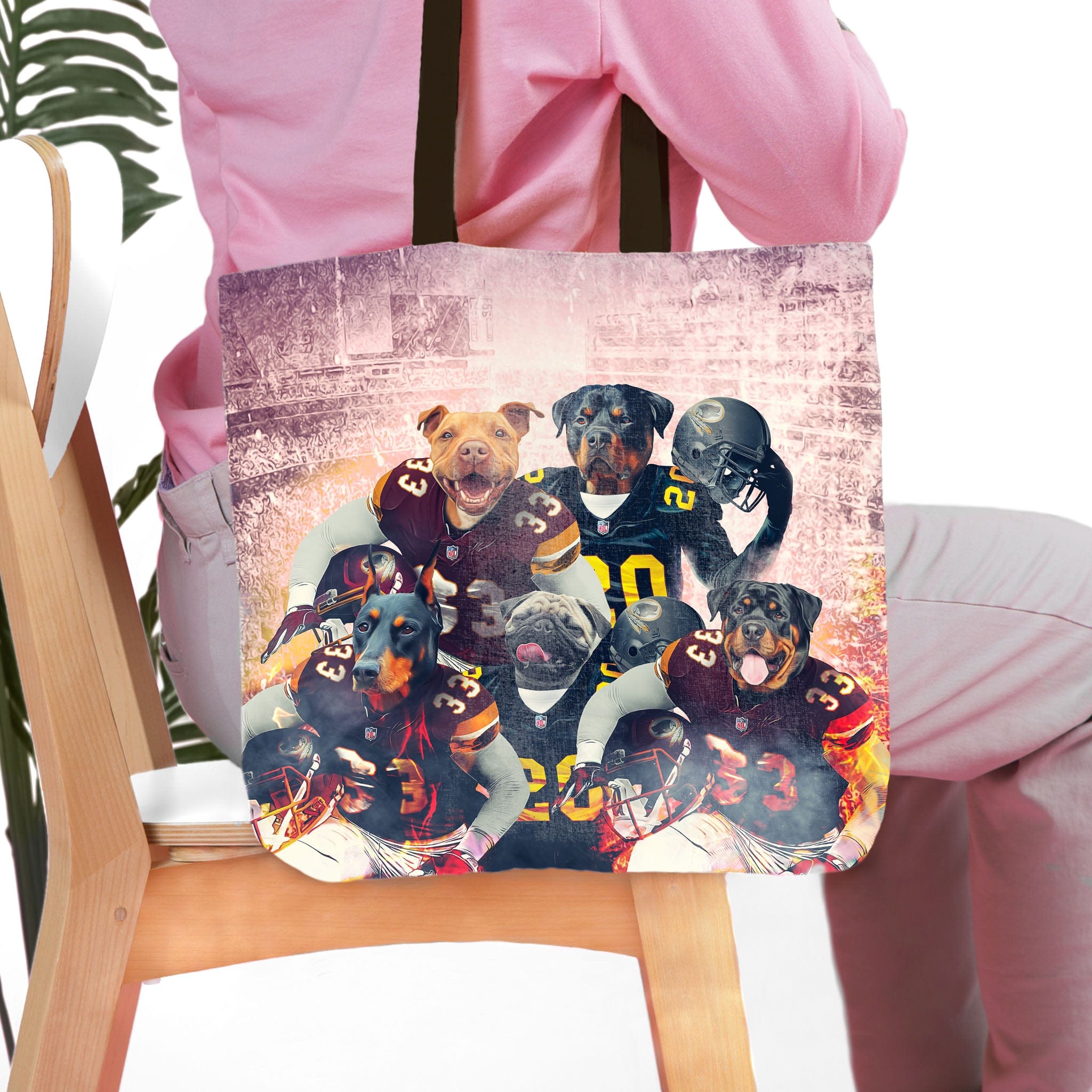 Personalized 5 pet tote bag featuring dogs in football uniforms against a stadium background.