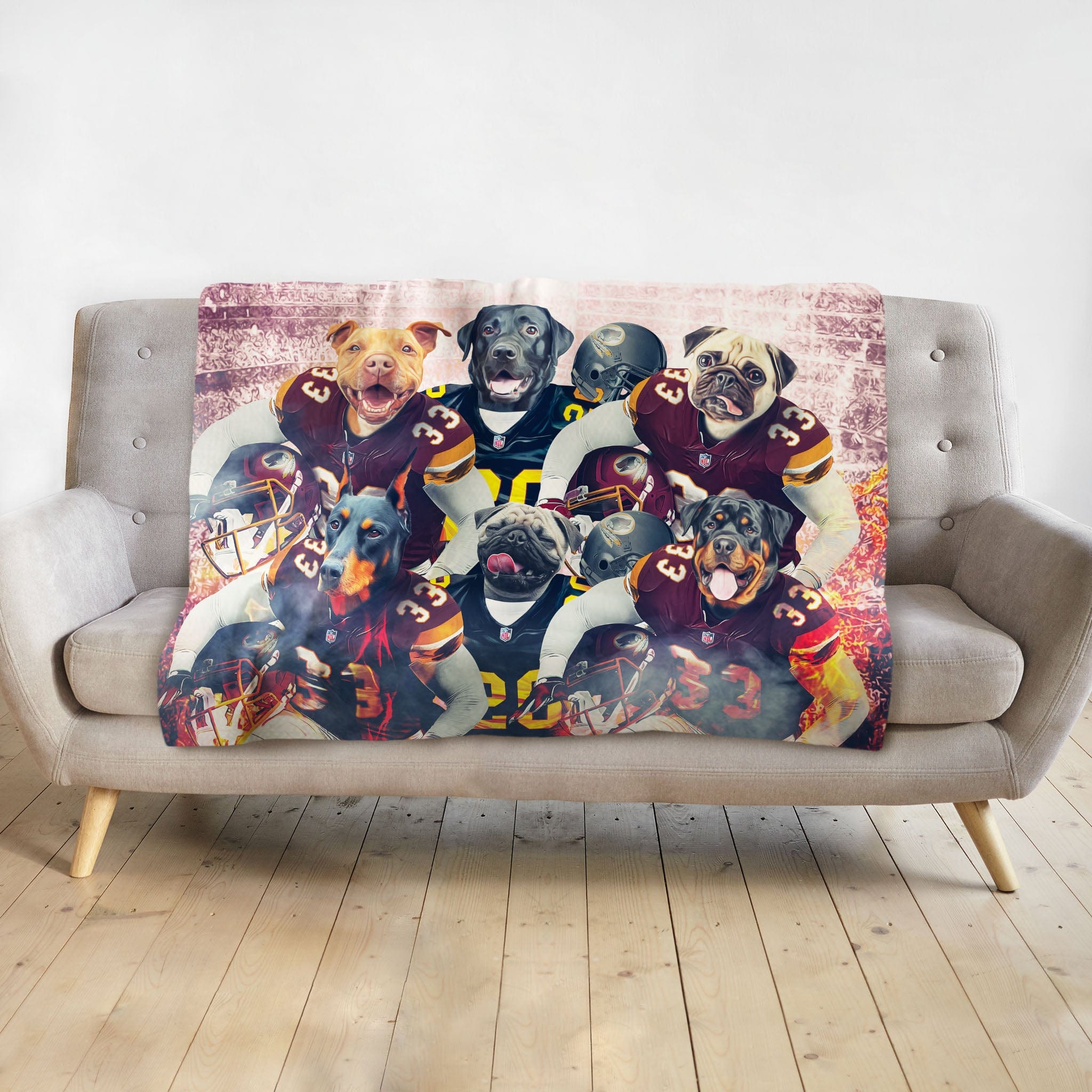 Personalized 6-pet blanket featuring dogs in football uniforms, Doggovinci renaissance style.
