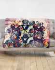Personalized 6-pet blanket featuring dogs in football uniforms, Doggovinci renaissance style.