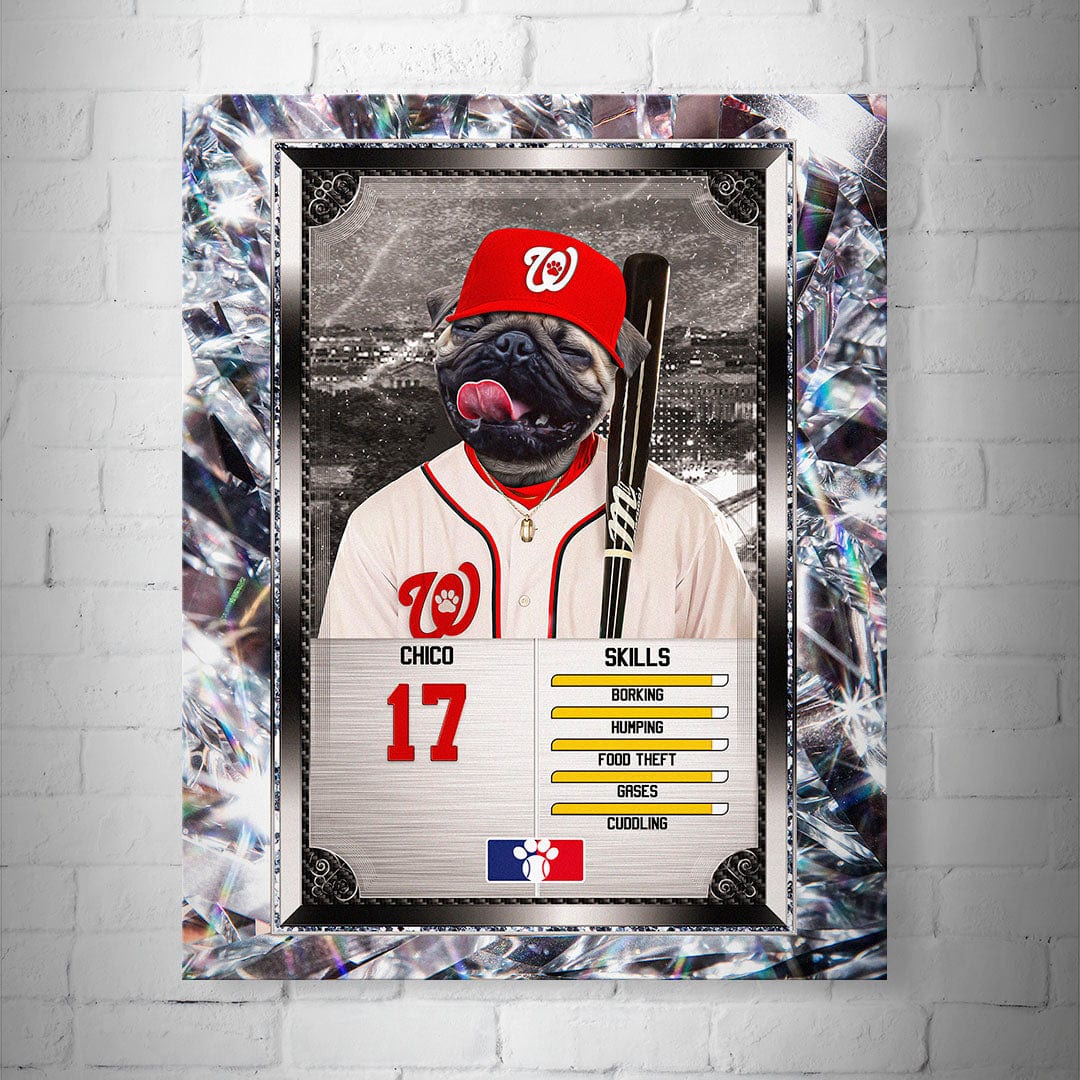 Personalized 8x10" matte baseball trading card poster featuring a pug in a red Nationals cap and jersey.