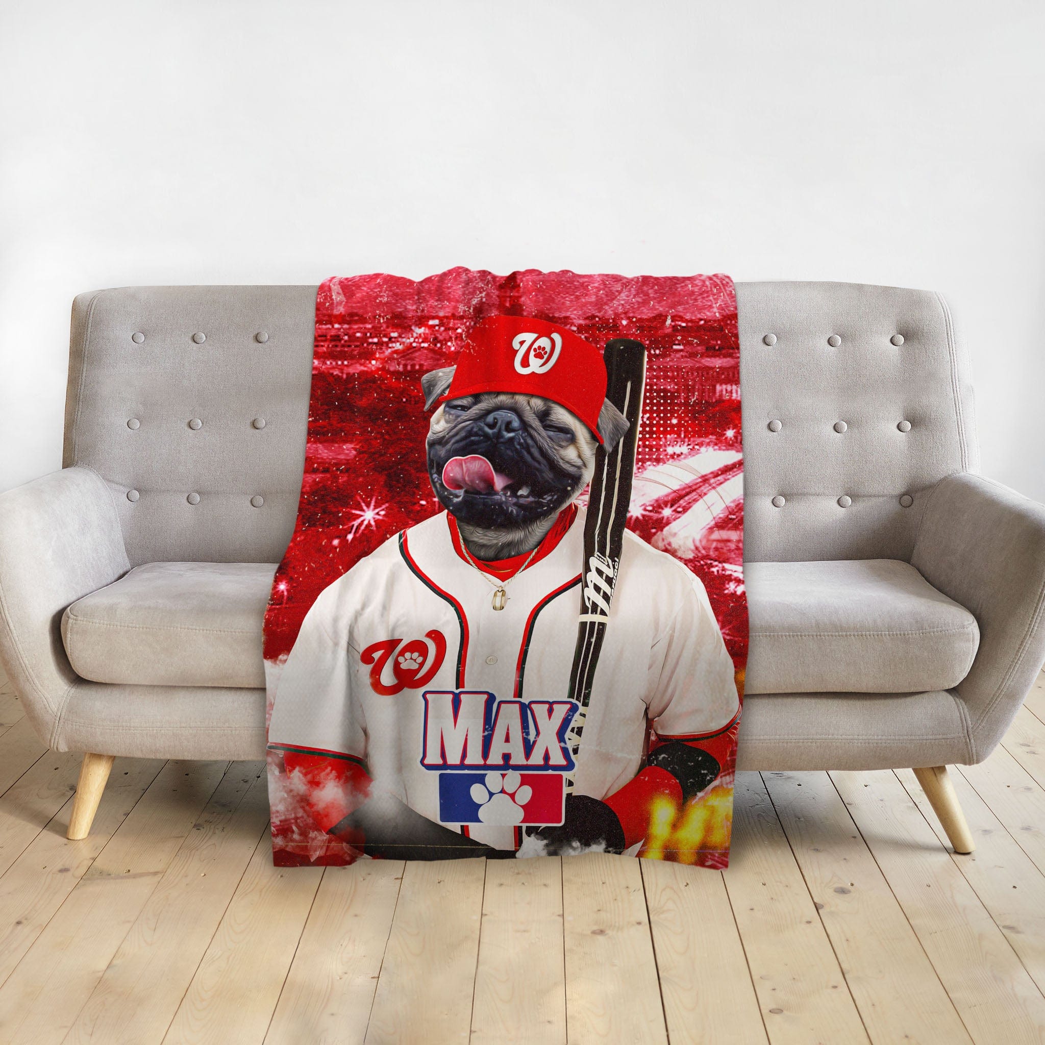 Personalized pet blanket with a pug in a baseball uniform, holding a bat, on a red background.