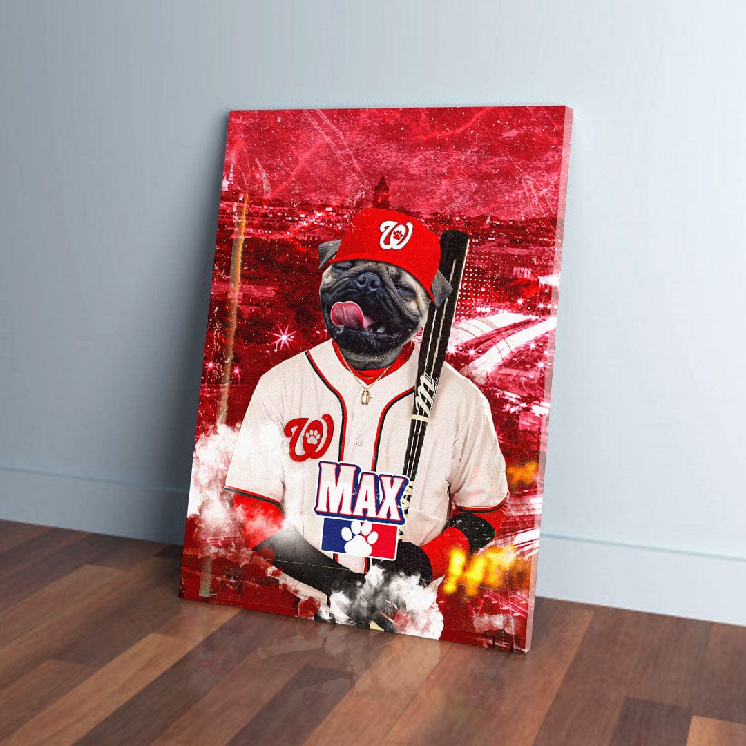 Personalized 'Washington Nationpaws' pet canvas featuring a pug in a baseball uniform against a red background.
