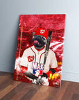 Personalized 'Washington Nationpaws' pet canvas featuring a pug in a baseball uniform against a red background.