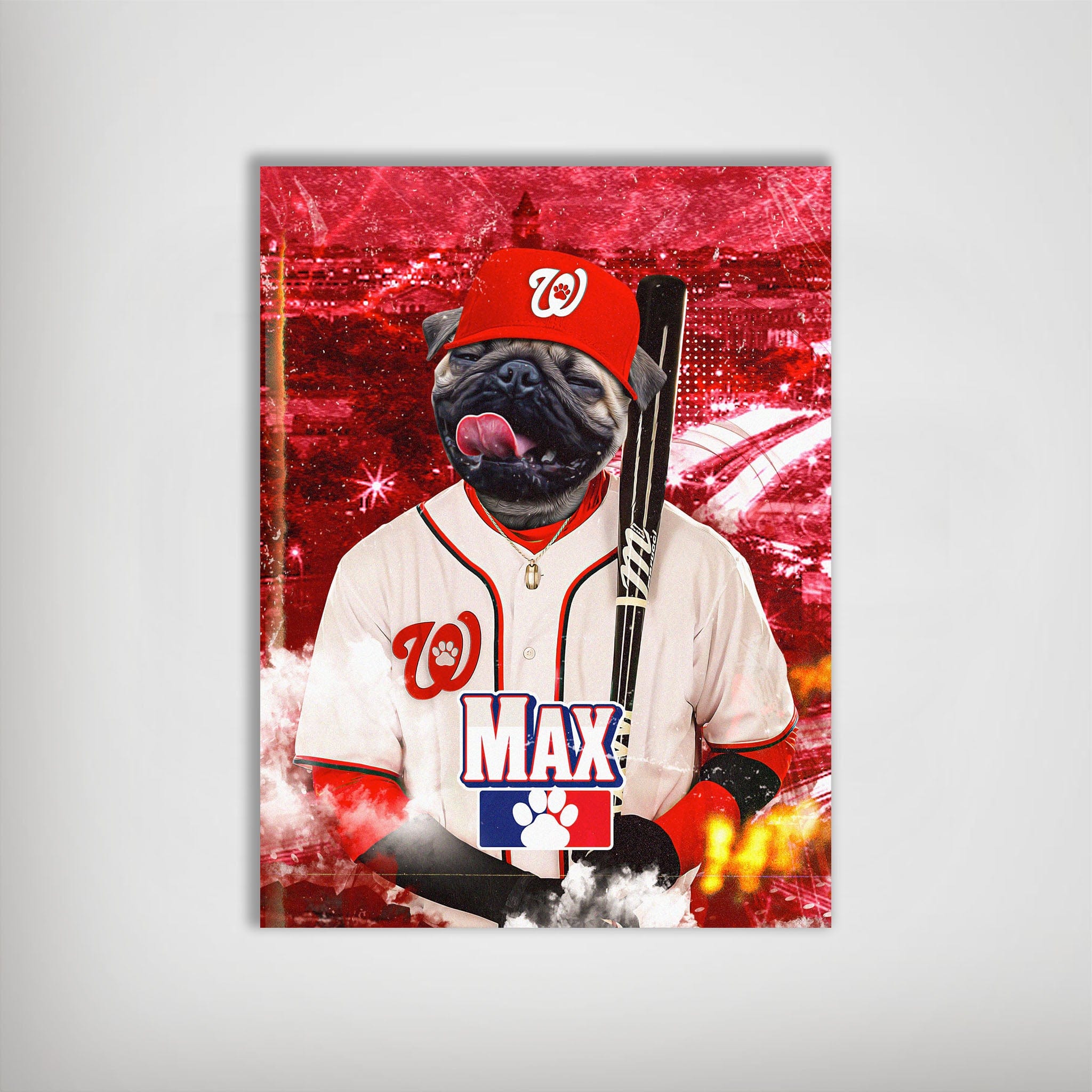 Personalized 'Washington Nationpaws' poster featuring a pug in a baseball uniform with a bat, red background.