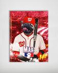 Personalized 'Washington Nationpaws' poster featuring a pug in a baseball uniform with a bat, red background.