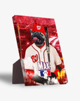 Personalized standing canvas featuring a pug in a red baseball cap and white Nationals jersey, holding a bat.